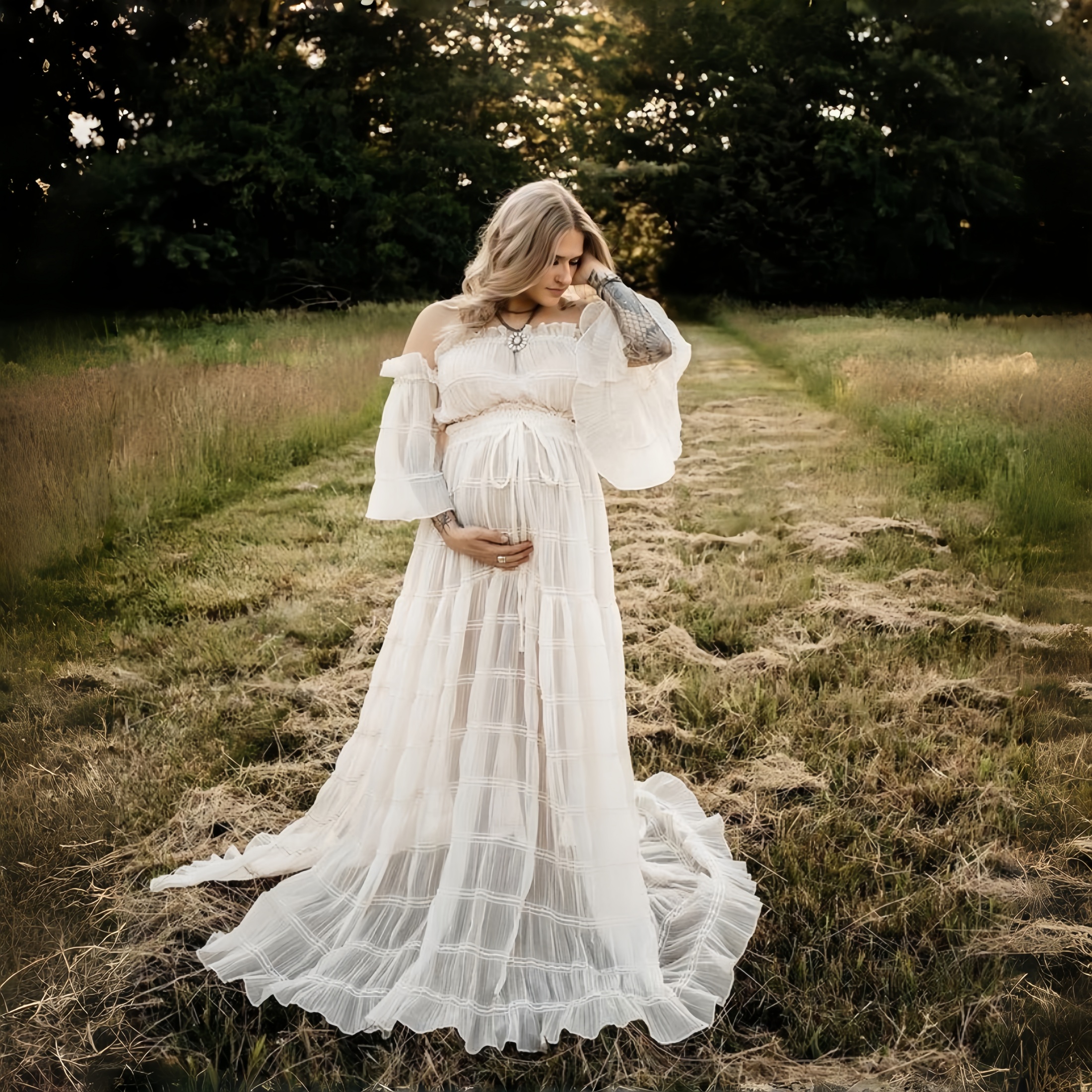White Pleated Chiffon Maternit - đánh giá và giá Photography Outfit
